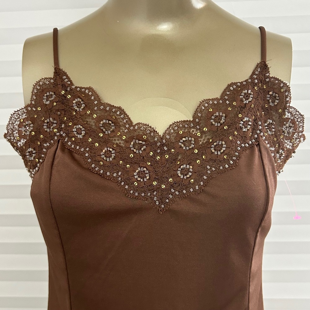 The Limited Brown Lace Trim Beaded Babydoll Cami Top Womens Sz M Y2K Preppy Chic - Picture 3 of 11